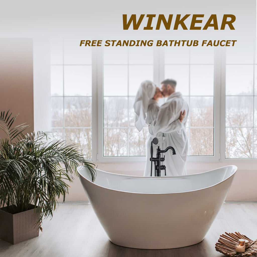 Freestanding Floor Mount Tub Filler with Handheld Shower Roman Bathtub Faucet by Brushed Gold Finish, Swivel Spout with Brass Rough-in and Water Hose