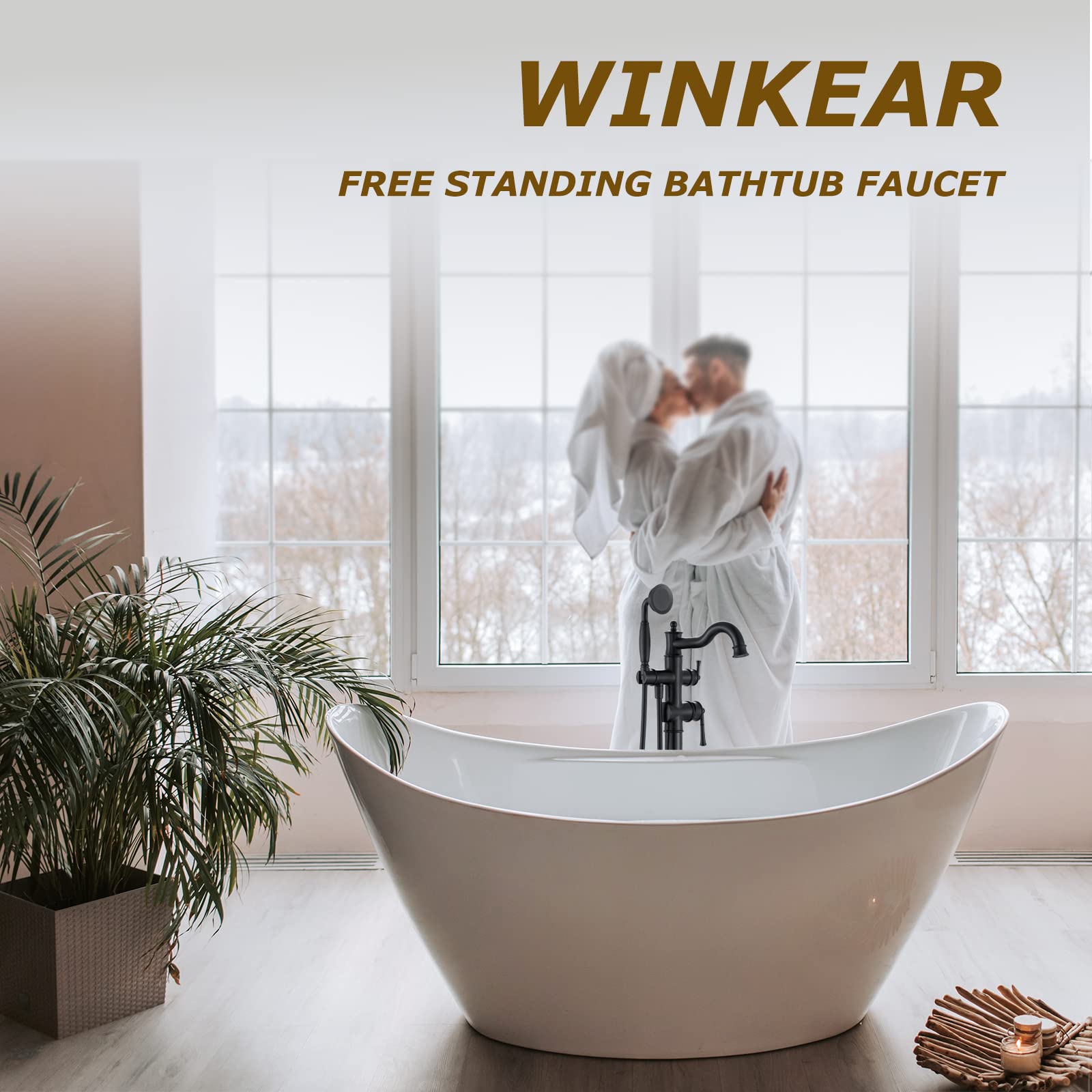 Freestanding Floor Mount Tub Filler with Handheld Shower Roman Bathtub Faucet by Brushed Gold Finish, Swivel Spout with Brass Rough-in and Water Hose