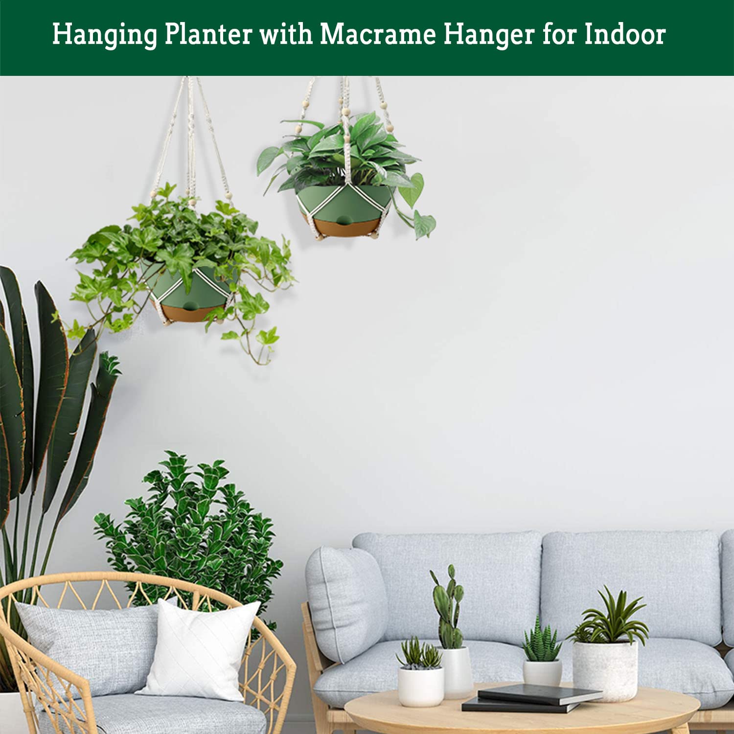 Koalaime Hanging Planter Self Watering 10 Inch, 2 Pack Indoor Outdoor Hanging Baskets, Hanging Flower Pots with Drainage Hole & 2 Kinds of Plant Hangers for Garden Home Decor(Green)…