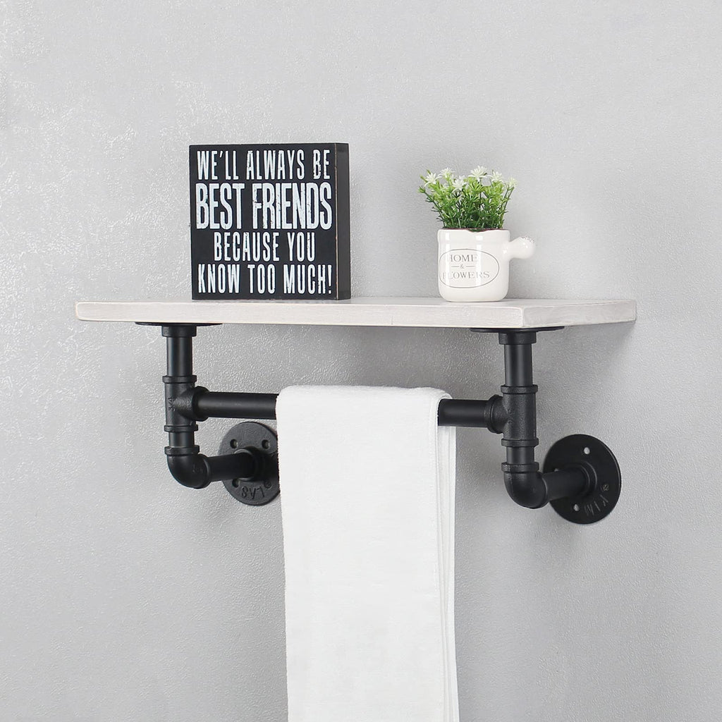 MBQQ Industrial Pipe Shelf Bathroom Shelves Wall Mounted,19.6in Rustic Wood Shelf with Towel Bar,1 Tier Farmhouse Towel Rack,Pipe Shelving Floating Shelves Towel Holder,Black & White