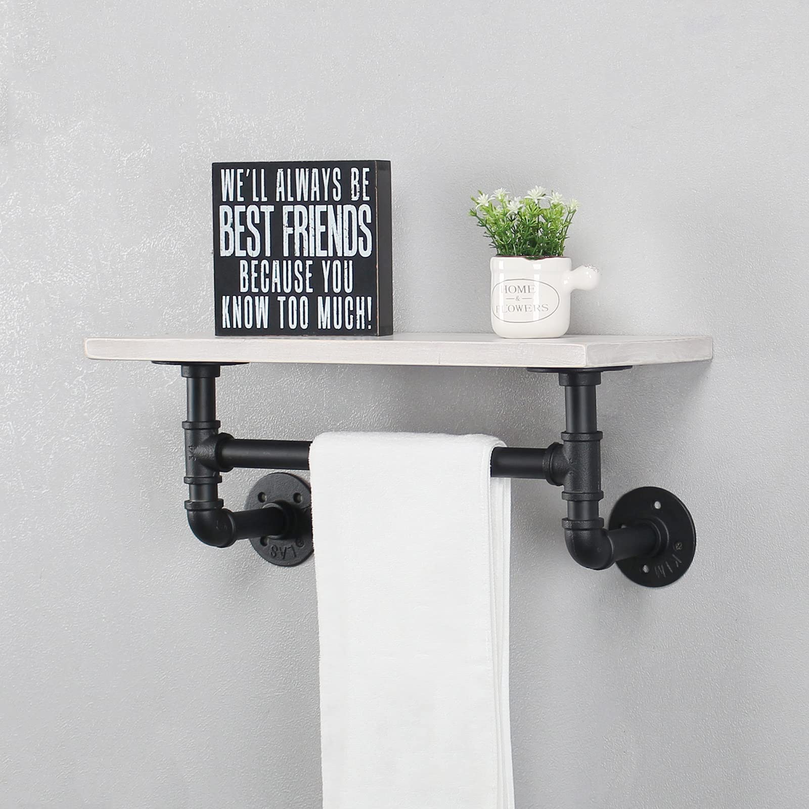 MBQQ Industrial Pipe Shelf Bathroom Shelves Wall Mounted,19.6in Rustic Wood Shelf with Towel Bar,1 Tier Farmhouse Towel Rack,Pipe Shelving Floating Shelves Towel Holder,Black & White