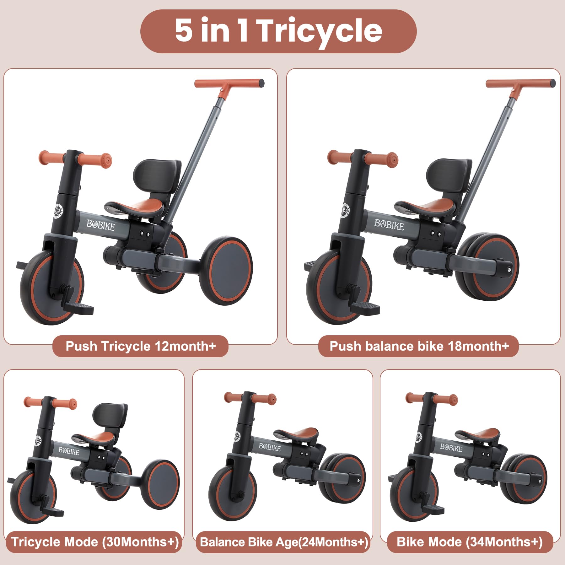 Toddler Bike with Push Handle,Tricycles for 1 to 3 Years Old, Toddler Tricycle with Push Handle for Boy Girl, Baby Balance Bike with Adjustable Seat Height and Removable Pedal (Black)