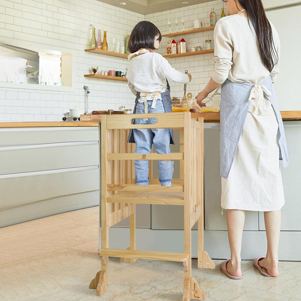 Foldable Toddler Learning Standing Tower, WOOD CITY Montessori Kitchen Step Stool Ideal Helper with 3 Adjustable Heights for Learning New Skills(Natural)