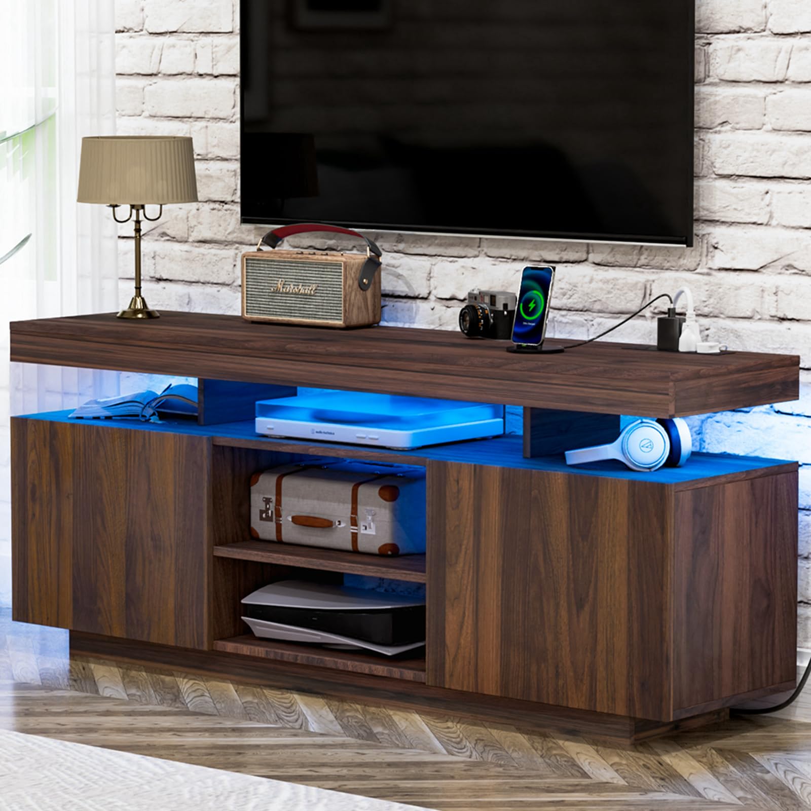 HOMMPA Modern LED TV Stand for 55 Inch TV, Black Tall TV Console with Power Outlet, Entertainment Center with Storage, High Gloss Gaming Media Console Cabinet for Living Room (47 Inch)
