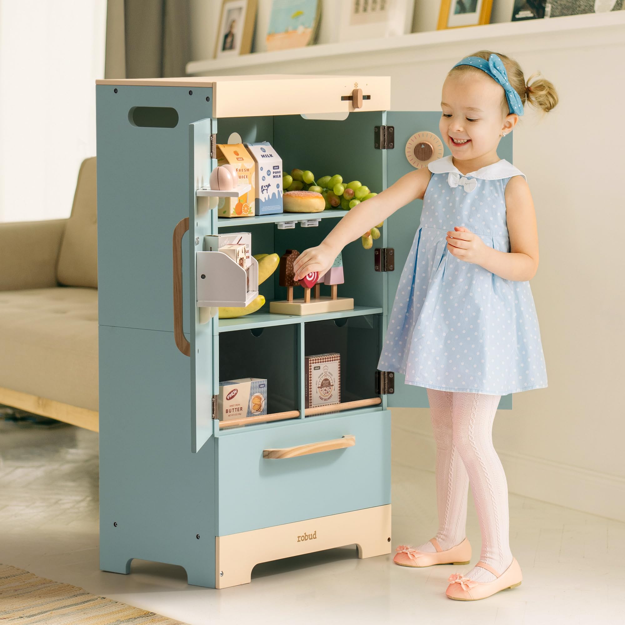 ROBUD Wooden Play Kitchen Fridge, Toy Kitchen Refrigerator, Kids Fridge Freezer Set with Ice Maker, Kitchen Playset Gift for Kids & Toddlers, Age 3+ (Caramel)