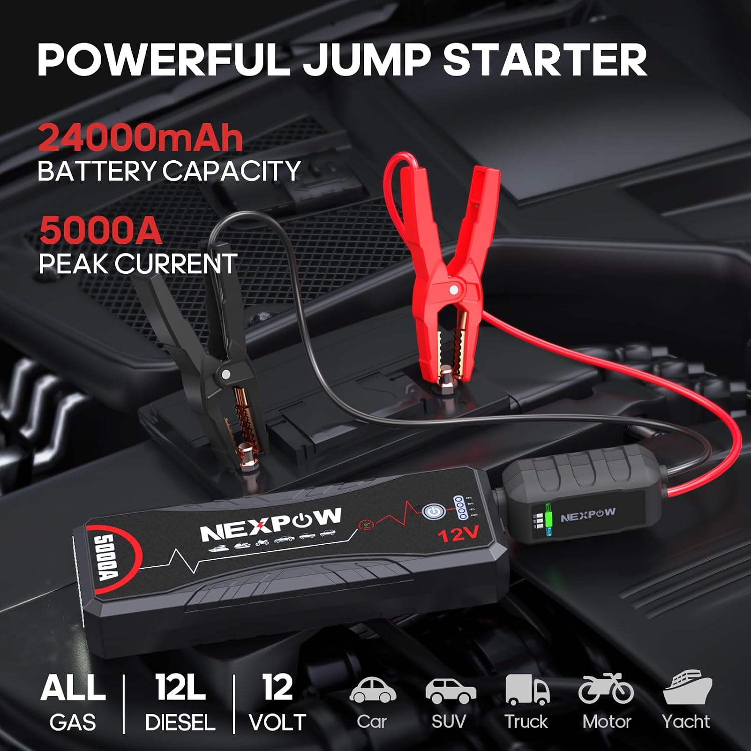 NEXPOW Car Jump Starter,Car Battery Jump Starter Pack 5000A Peak Q12 for All Gas and Up to10.0L Diesel Engine 12V Auto Battery Booster,Jumper Cables,Portable Jump Box with LED Light/USB QC3.0