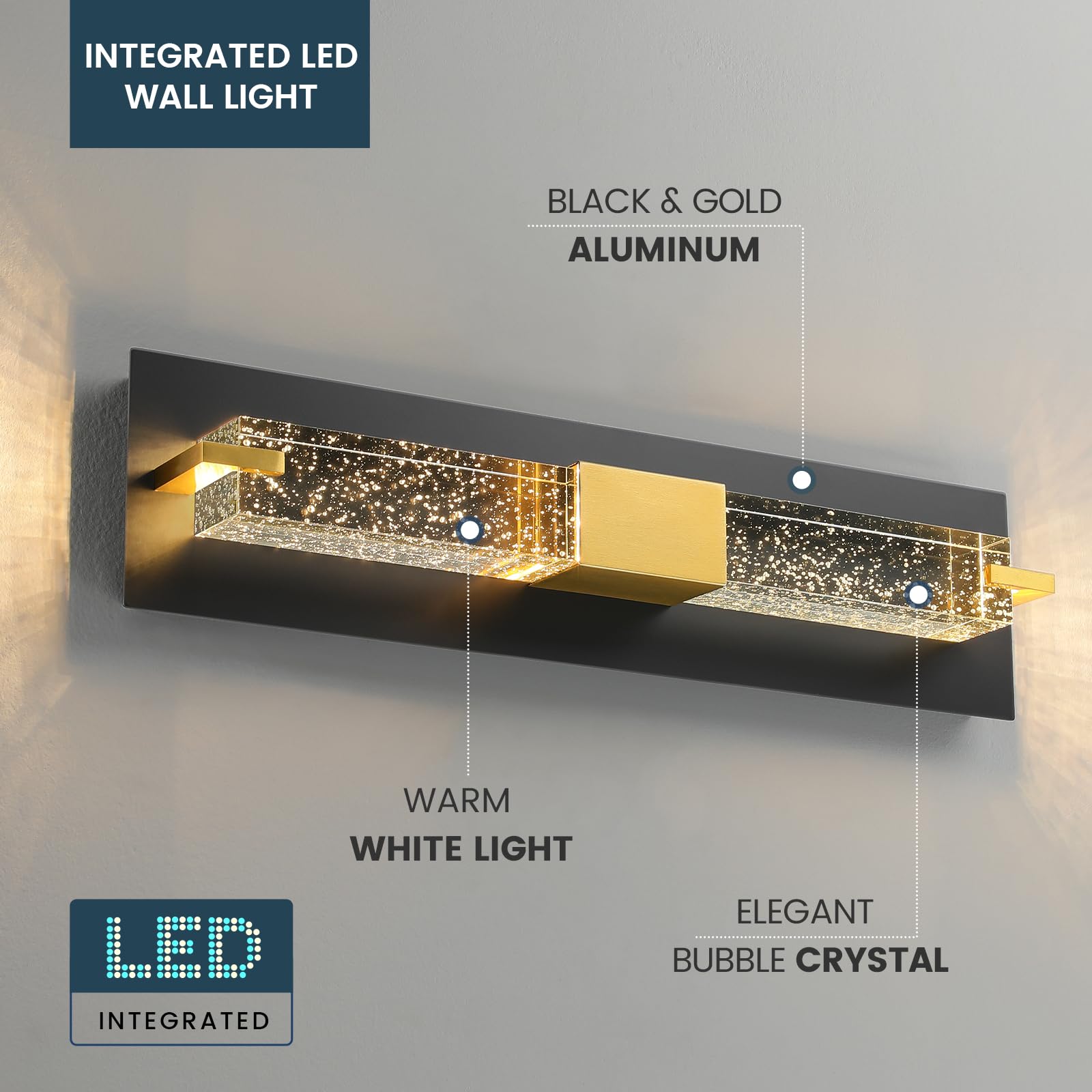 WOSHITU LED Wall Sconce Light: 11 Inch Gold Modern Sconces Wall Lighting 3000K Dimmable Crystal Wall Lamps Indoor Bathroom Sconce Wall Mount Light Fixtures for Living Room/Bedroom/Hallway