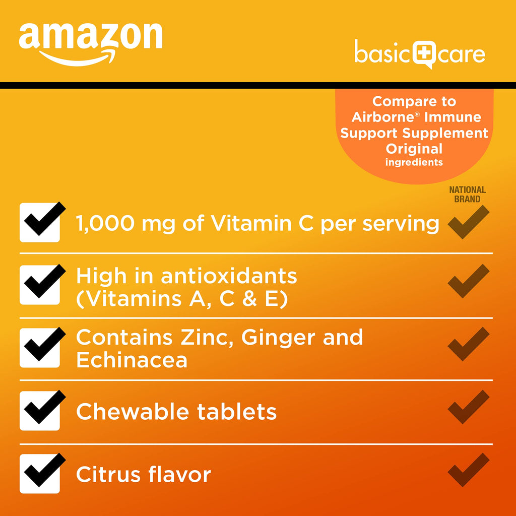Amazon Basic Care Immune Support Citrus Chewable Tablets with Antioxidants, Vitamin D and Immune System Support, 32 Count