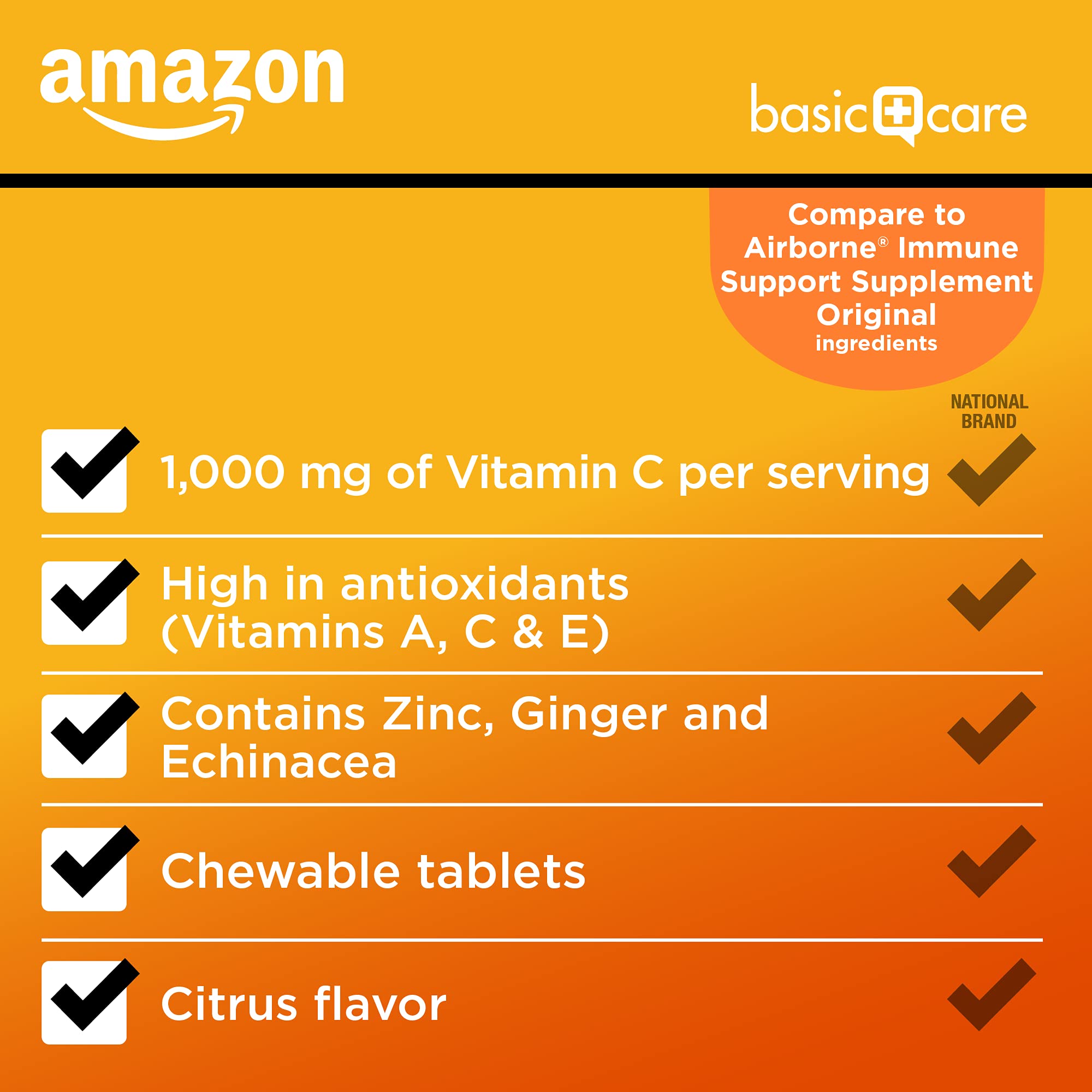 Amazon Basic Care Immune Support Citrus Chewable Tablets with Antioxidants, Vitamin D and Immune System Support, 32 Count