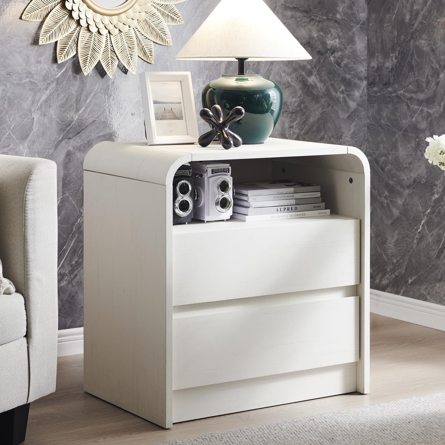 Aitjunz 25" Tall Modern Nightstand with Charging Station, 23.6'' Wide Wood Bedside Table w/2 Storage Drawers, Large Mid Century End Table for Bedroom, Living Room, Curved Profile Design, Black