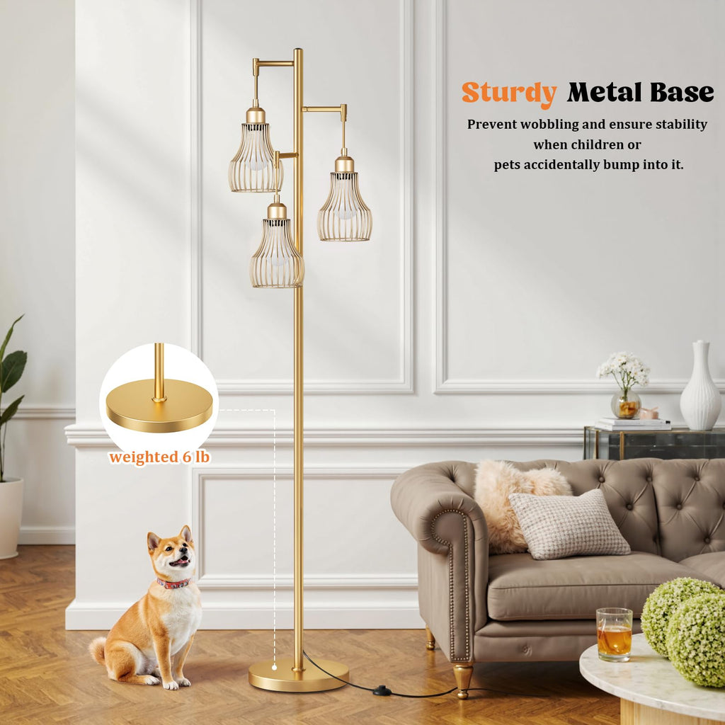 Ziisee Dimmable Floor Lamps for Living Room, Industrial Tree Standing Tall Lamps with 3 Elegant Cage Shade & 800 Lumens LED Bulbs for Bedroom Office - Brown