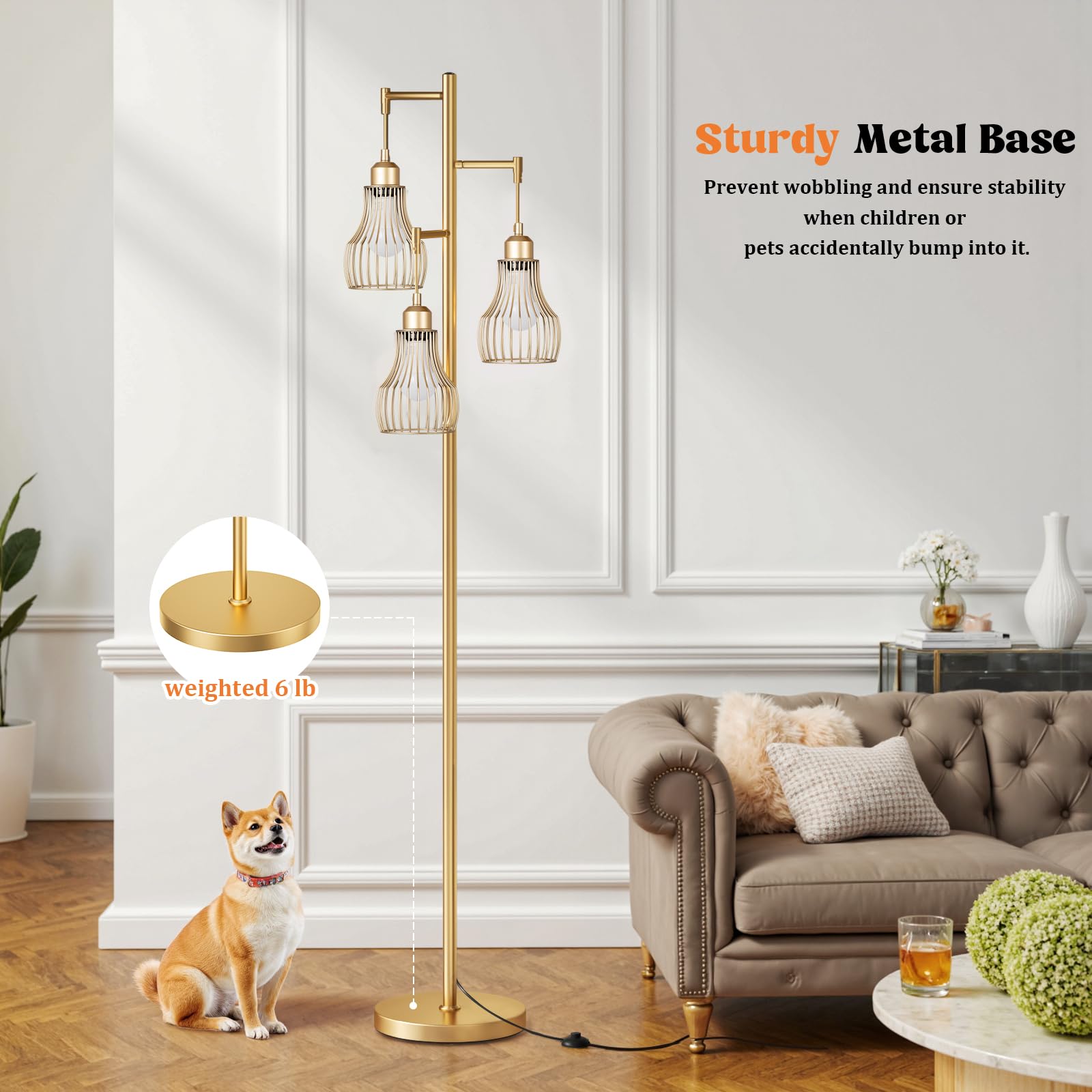 Ziisee Dimmable Floor Lamps for Living Room, Industrial Tree Standing Tall Lamps with 3 Elegant Cage Shade & 800 Lumens LED Bulbs for Bedroom Office - Brown