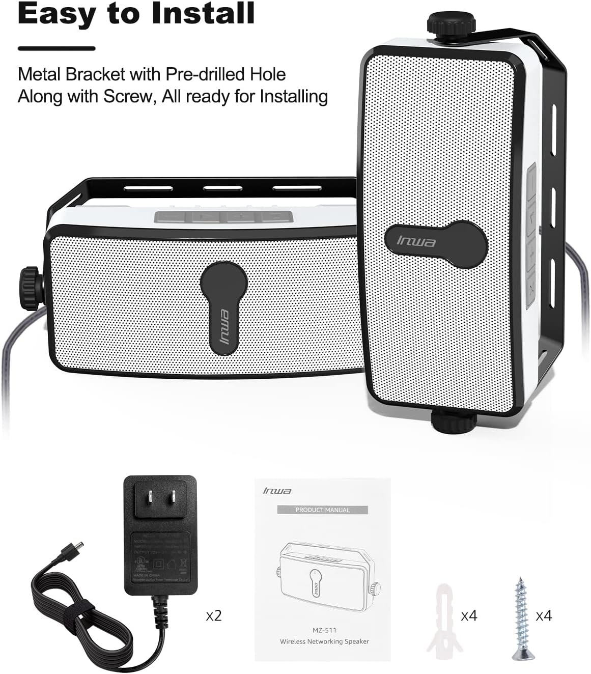 Inwa Bluetooth Outdoor Speaker, IPX5 Waterproof Wall Mount Speaker, Wireless Sync Up to 100 Speakers, Connect Seamlessly to Phone, Computer, Suitable for Patio, Porch, Gazebo, Garage, 2 PCS