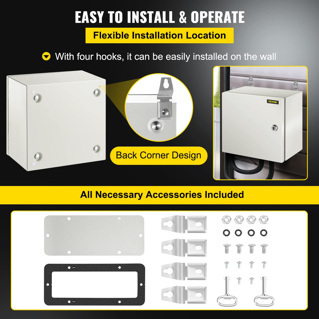 VEVOR NEMA Steel Enclosure, 8" x 8" x 6" NEMA 4X Steel Electrical Box, IP66 Waterproof & Dustproof, Outdoor/Indoor Electrical Junction Box, with Mounting Plate