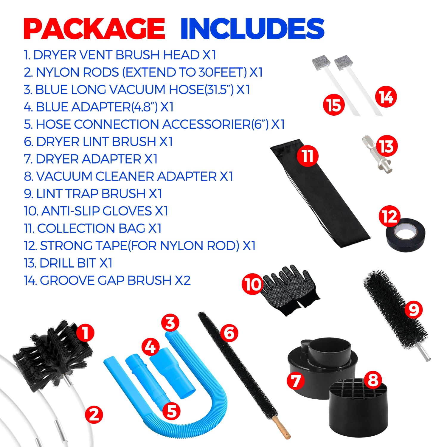 Holikme Dryer Vent Cleaner Kit, Include 30Feet Dryer Vent Cleaning Brush, Dryer Lint Vacuum Attachment, Lint Brush & Dryer Adapters, Blue
