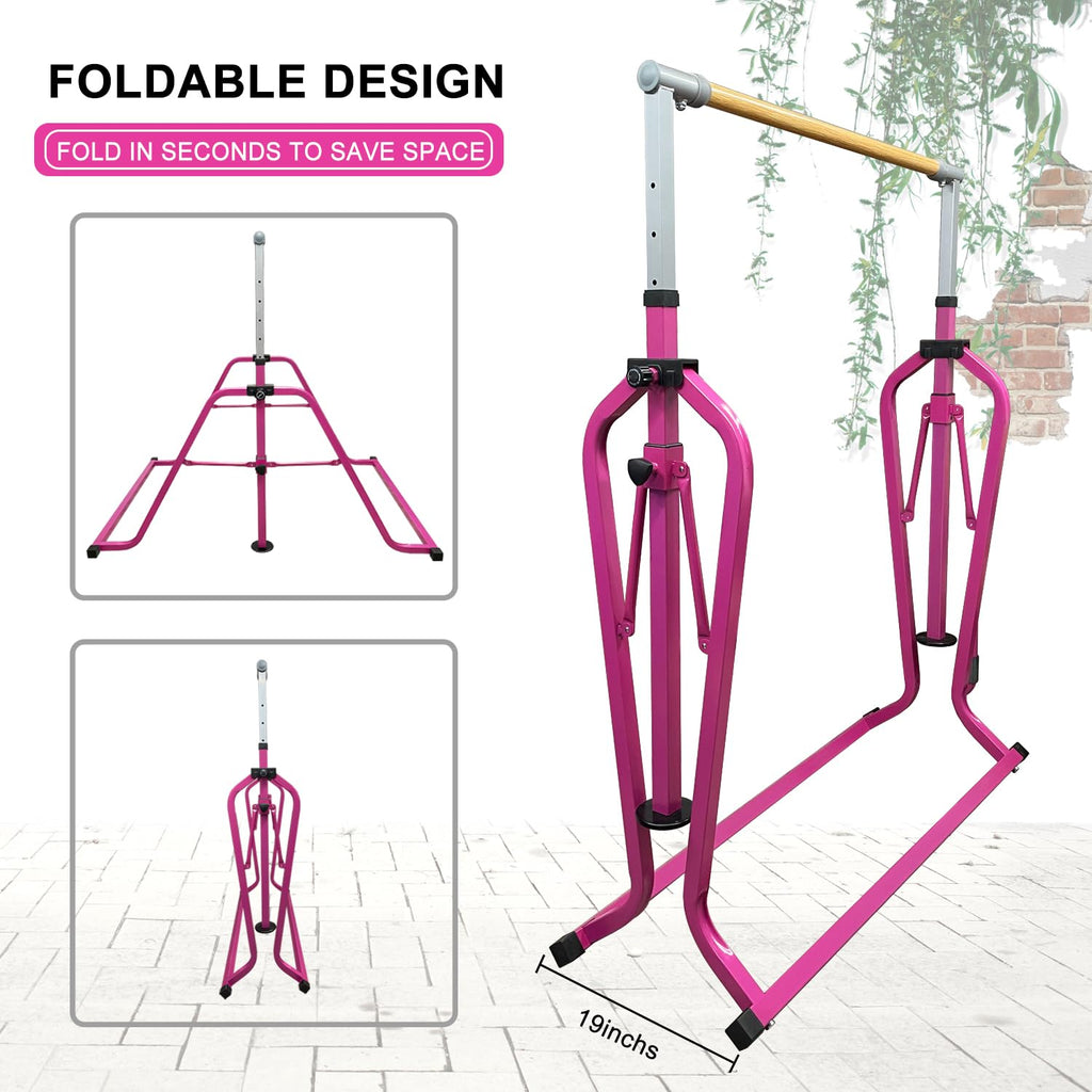 Foldable & Moveable Gymnastics Horizontal Bar with Rings,3’to 5’Adjustable Height Expandable Junior Kip Bar for Home,Indoor Gym Equipment for Kids
