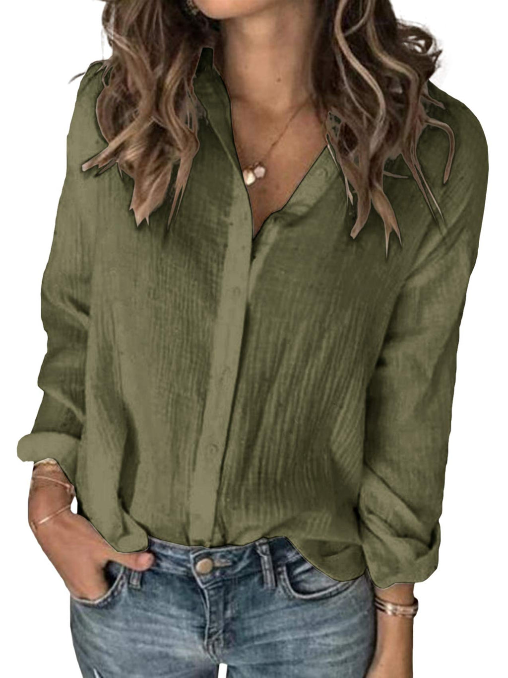 Karlywindow Womens Long Sleeve Button Down Cotton Linen Shirt Blouse Loose Fit Casual V-Neck Tops