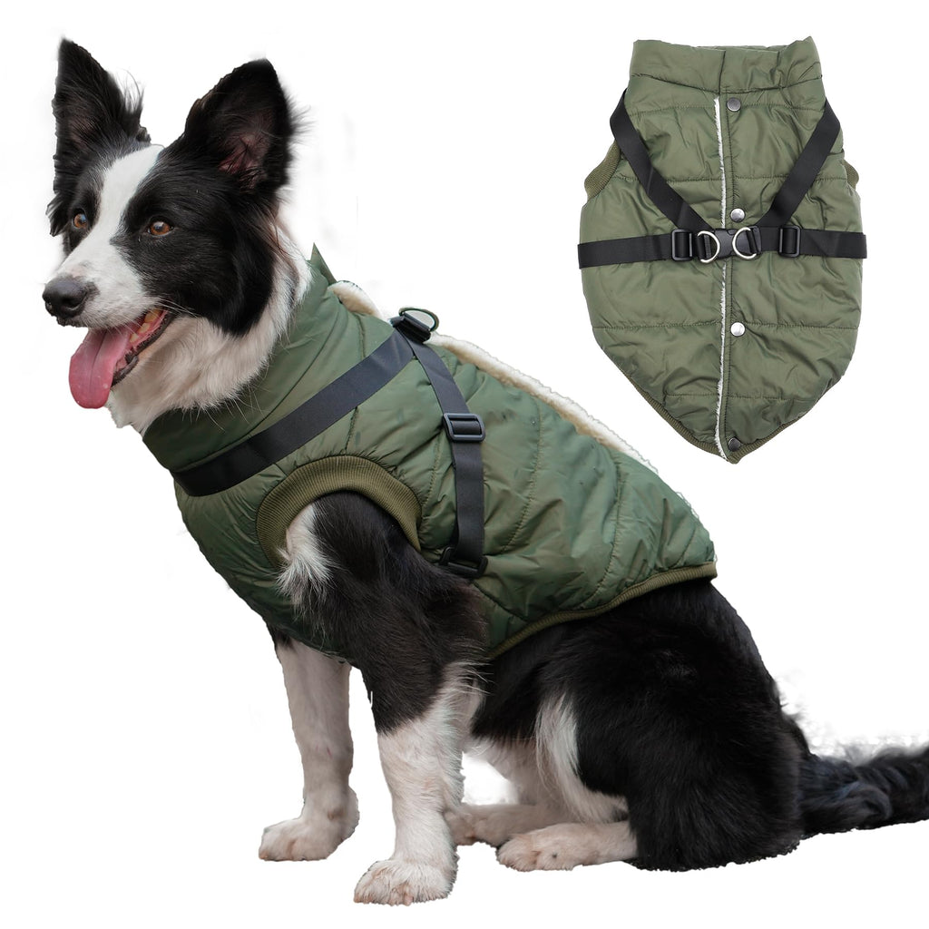JoyDaog Dog Jacket with Harness,Fleece Lined Warm Puppy Coat for Winter,Soft Windproof Small Dog Vest,Green XS