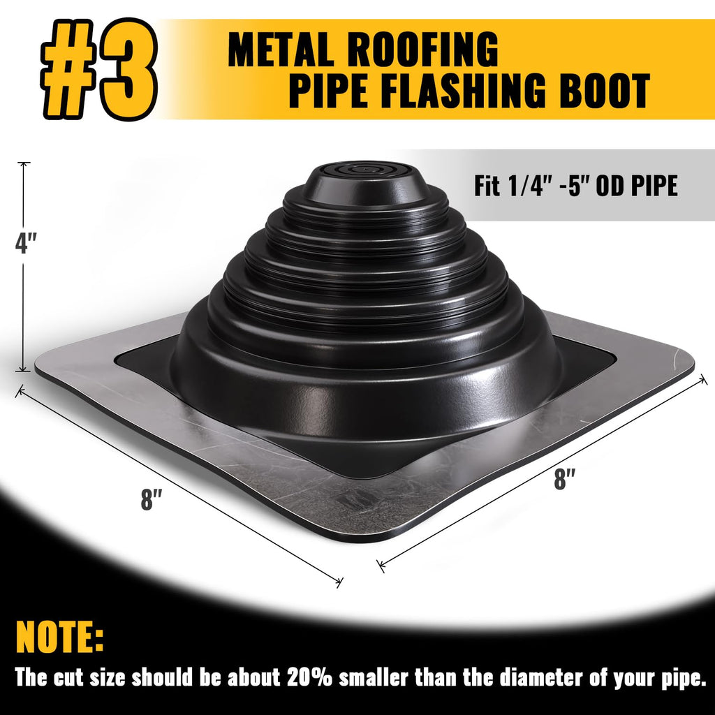 VIVIDA #1 Metal Roof Pipe Flashing, Metal Roofing Pipe Boot Kit, High Temp Silicone Vent Boot, for Tube OD 1/4" to 2", Square Base, Screws & Hex Socket Included, 1 Pack, Black