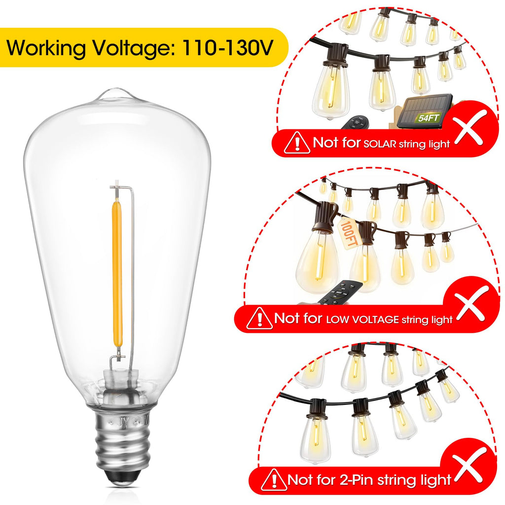 VISTERLITE E12/C7 Base LED Replacement Bulbs for ST38 Outdoor String Lights - Not Solar, Vinatge 1W LED Shatterproof Bulb, Warm White 2200K, 25 Pack