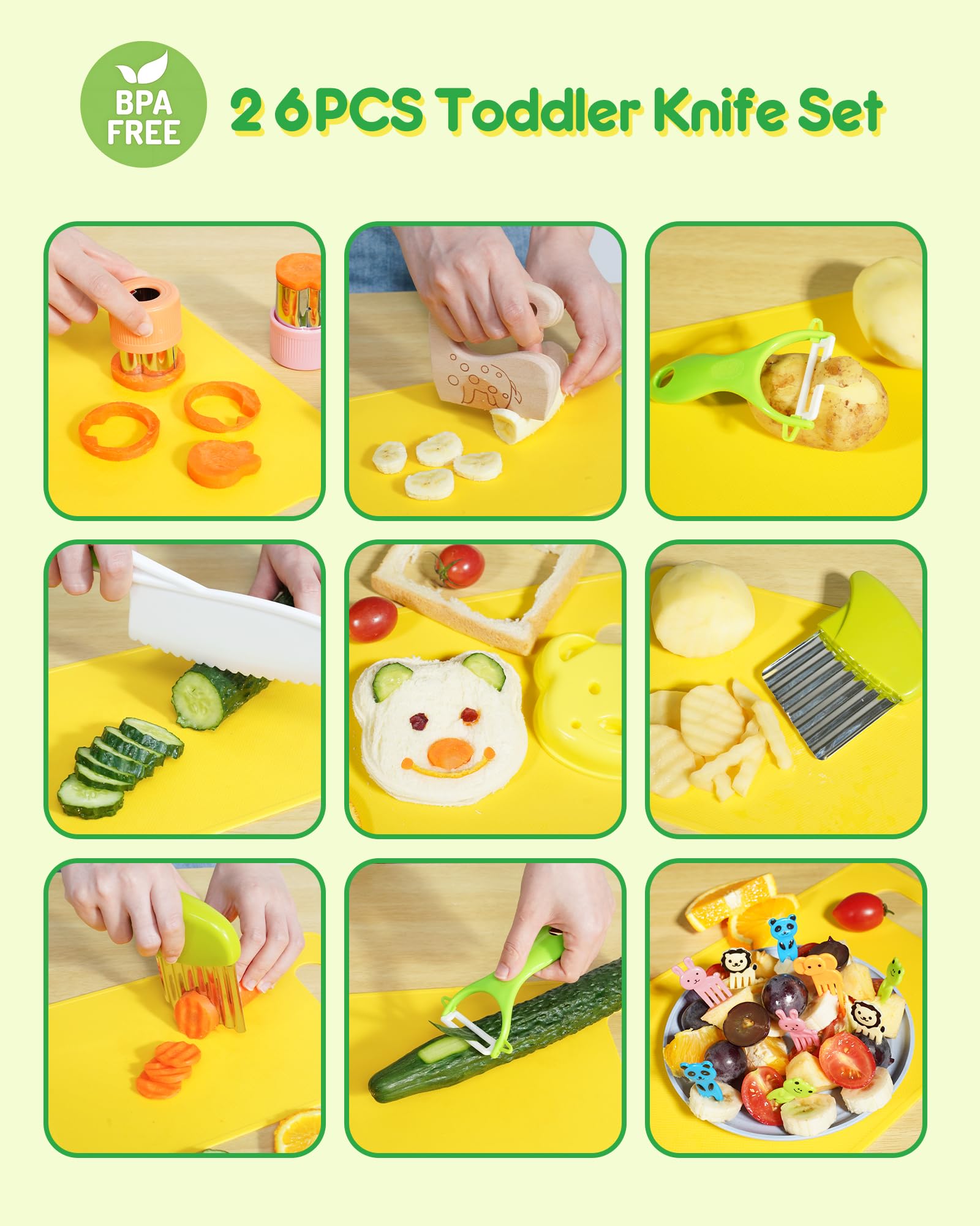 Kids Knife Set, 5 Pcs Montessori Kitchen Tools for Toddlers' Real Cooking for 3+, BPA Free Kids Safe Kitchen Cooking and Baking Set with Peeler, Cutting Board for Sandwich Bread Vegetable Fruit Gift