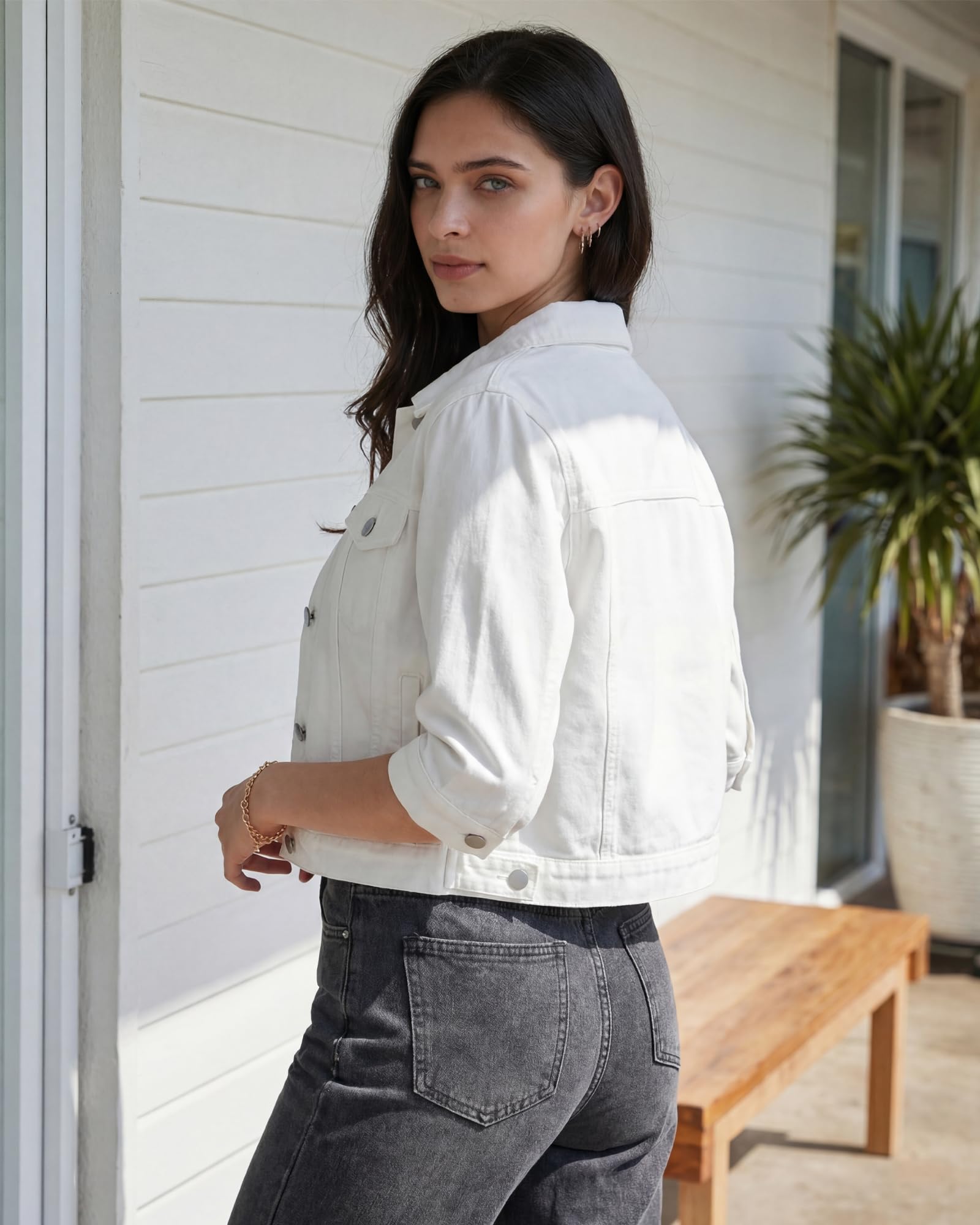 Locachy Womens 3/4 Sleeve Short Denim Jacket Lapel Button Down Cropped Trucker Jean Jackets Coats