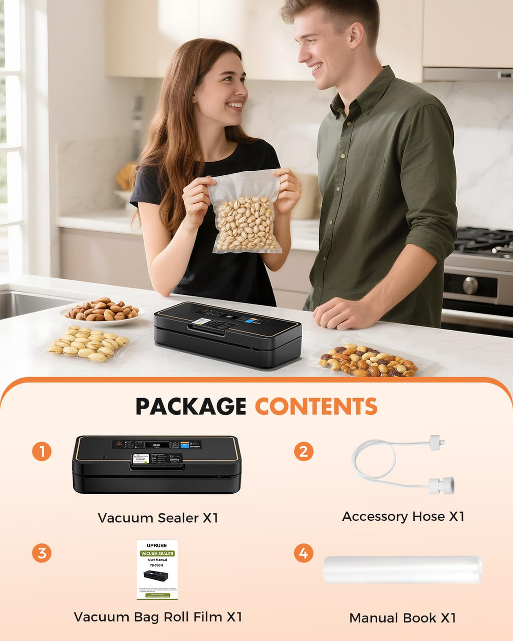 Vacuum Sealer for Food, 95kPa Food Vacuum Saver Sealer Machine, 12L/min 135W Fast-Sealing with Auto Tear-Cut,Digital Timer, Built-in Bag Storage, Cutter and One Bag Roll, 9-in-1 Compact Vacuum Sealer