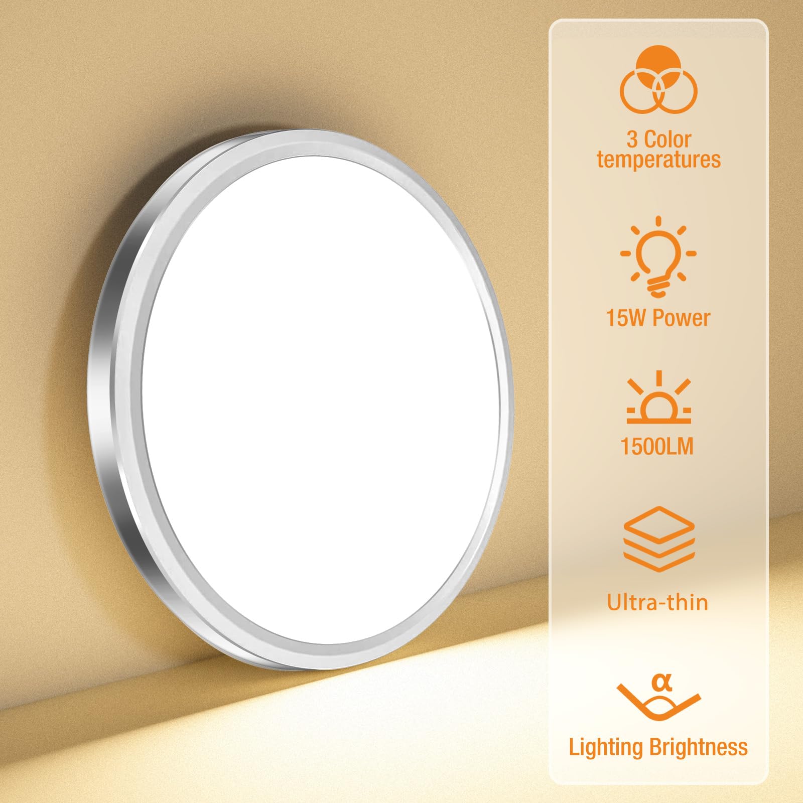 1PACK LED Flush Mount Ceiling Light Fixture, 3000K-4000K-6500K & 100W Equivalent Modern Kitchen Ceiling Lamp 15W 1500Lm 7.5 Inch Closet Round Surface for Bathroom Laundry Bedroom Hallway, Black
