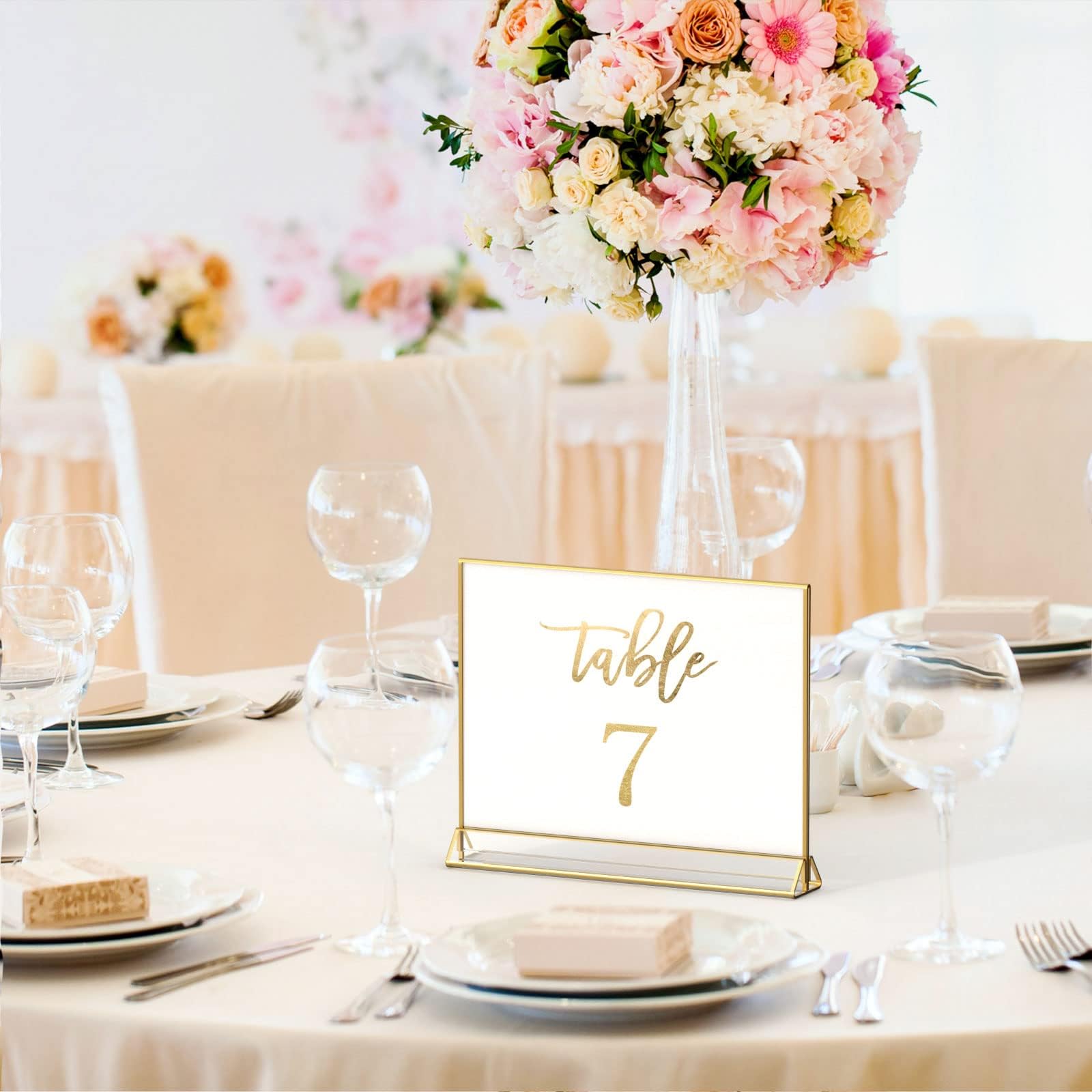 NIUBEE 6Pack 6 x 4 Horizontal Clear Acrylic Sign Holder with Gold Borders, Double Sided Table Menu Stands Picture Frames for Wedding Table Numbers, Restaurant Signs, Photos and Art Display