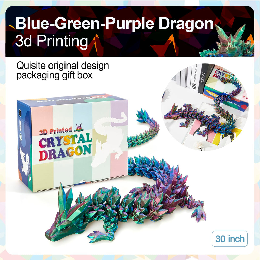 24" Large 3D Printed Dragon - Huge Articulated Crystal Dragon Fidget Toy, Giant Flexible 3D Dragon Figure, Birthday Gift for Boys Girls Kids & Collectors, Home Office Executive Desk Decor