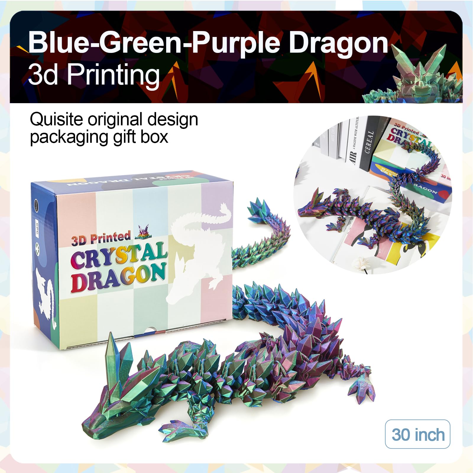 24" Large 3D Printed Dragon - Huge Articulated Crystal Dragon Fidget Toy, Giant Flexible 3D Dragon Figure, Birthday Gift for Boys Girls Kids & Collectors, Home Office Executive Desk Decor