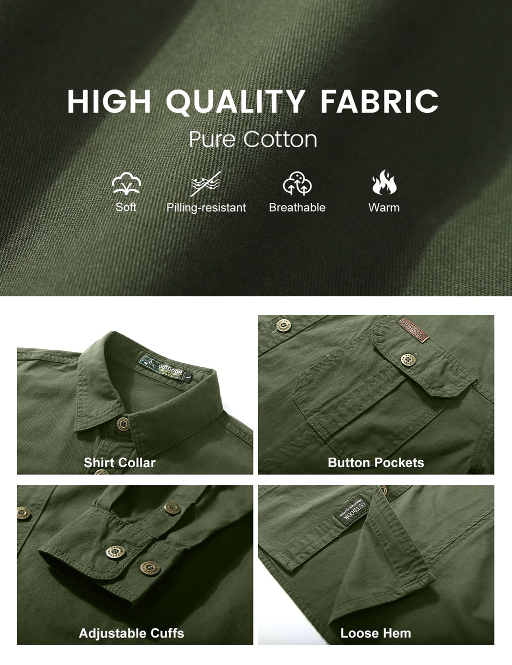 Eisctnd Men's Long Sleeve Cotton Work Shirt Casual Loose Fit Button Down Shirts with 2-Pocket for Outdoor Safari