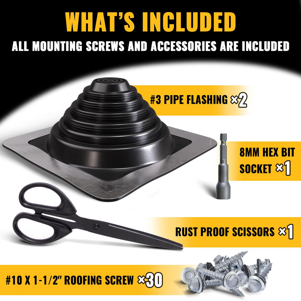 VIVIDA #1 Metal Roof Pipe Flashing, Metal Roofing Pipe Boot Kit, High Temp Silicone Vent Boot, for Tube OD 1/4" to 2", Square Base, Screws & Hex Socket Included, 1 Pack, Black