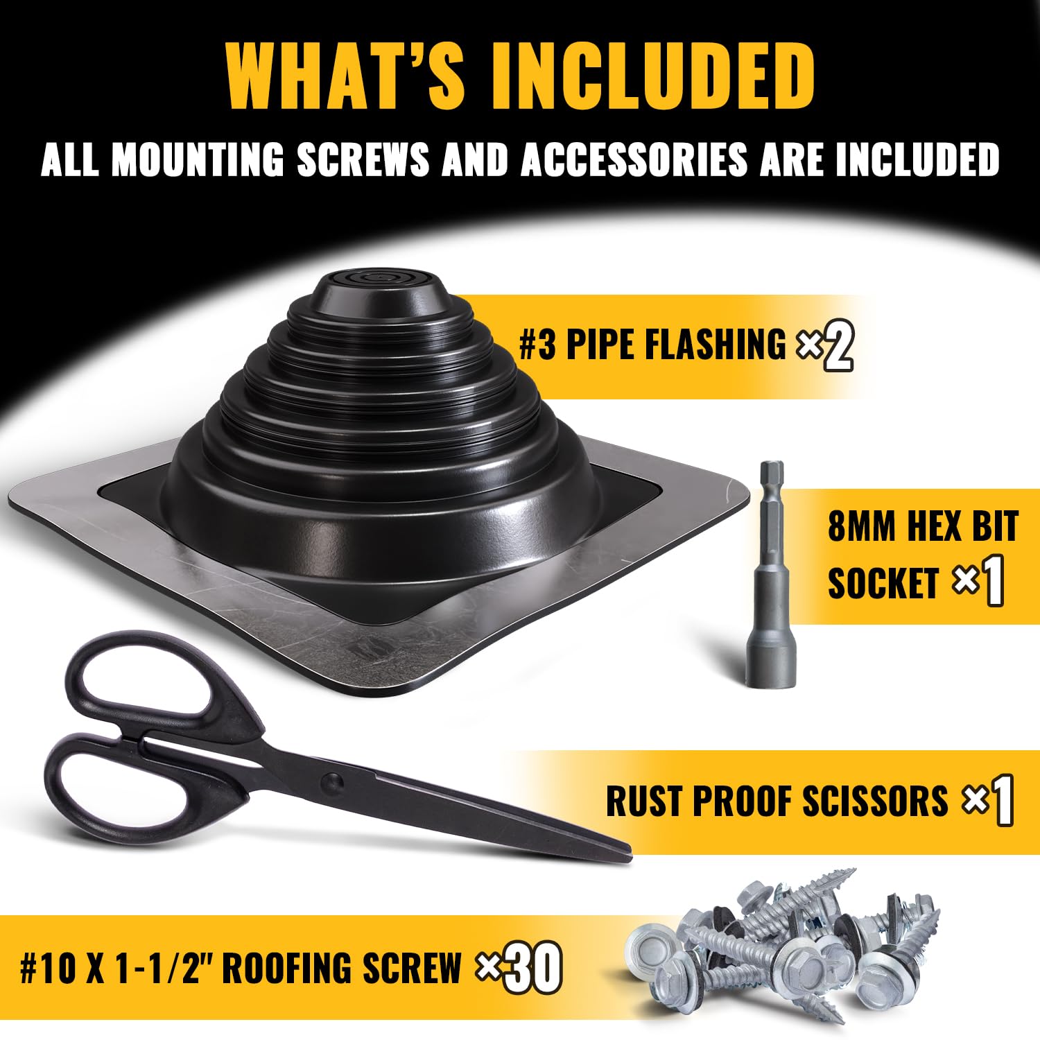 VIVIDA #1 Metal Roof Pipe Flashing, Metal Roofing Pipe Boot Kit, High Temp Silicone Vent Boot, for Tube OD 1/4" to 2", Square Base, Screws & Hex Socket Included, 1 Pack, Black