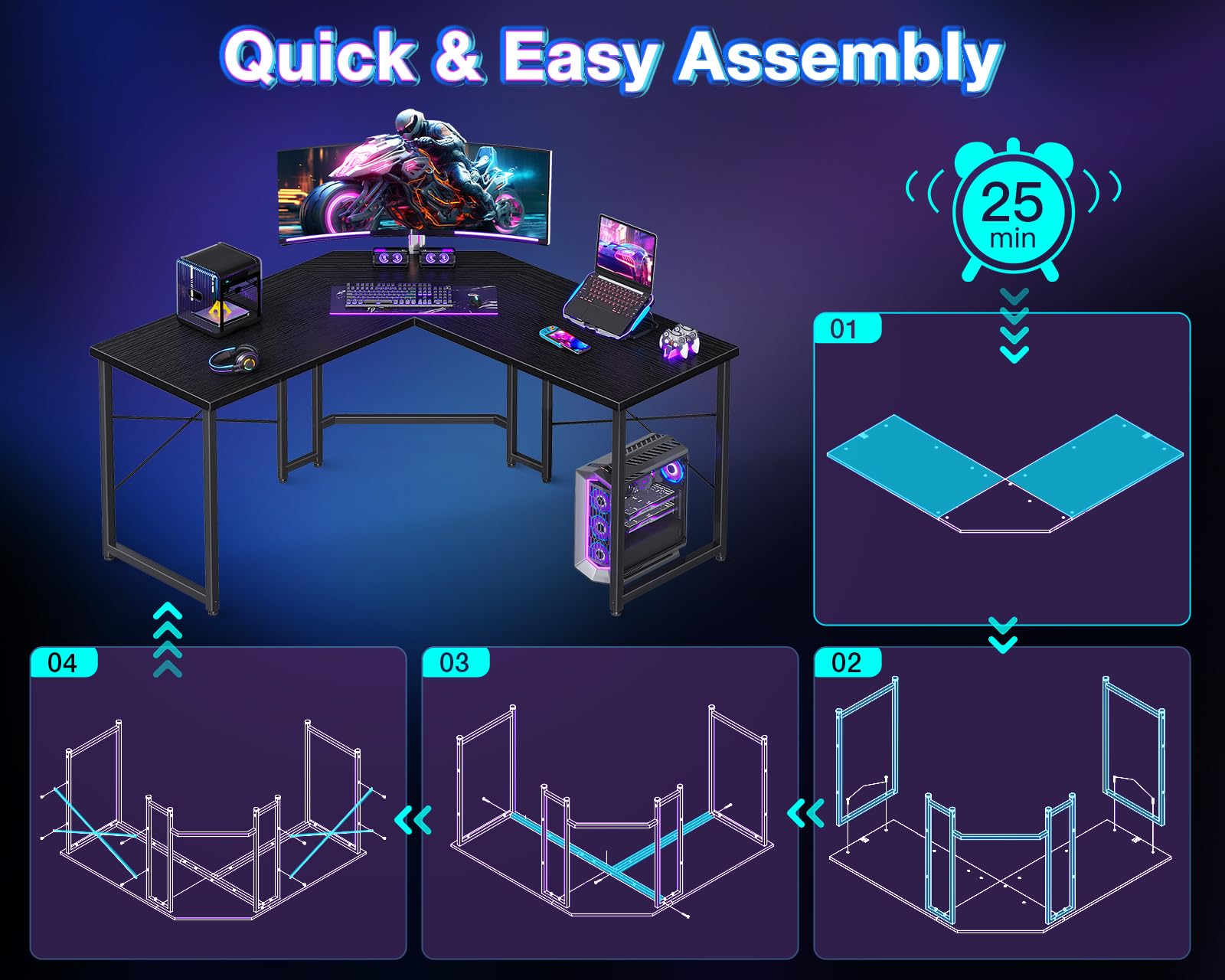 Casaottima 47 inch L Shaped Gaming Desk, Corner Desk Gaming Table for Home Office, Computer Desk Sturdy Writing Workstation for Small Space, Easy to Assemble, Black