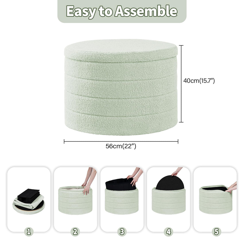 PINPLUS Round Storage Ottoman Foot Rest Stool with Tray Velvet Sherpa Folding Storage Ottoman,Boucle Foot Rest for Living Room, Bedroom, Dorm（Beige）