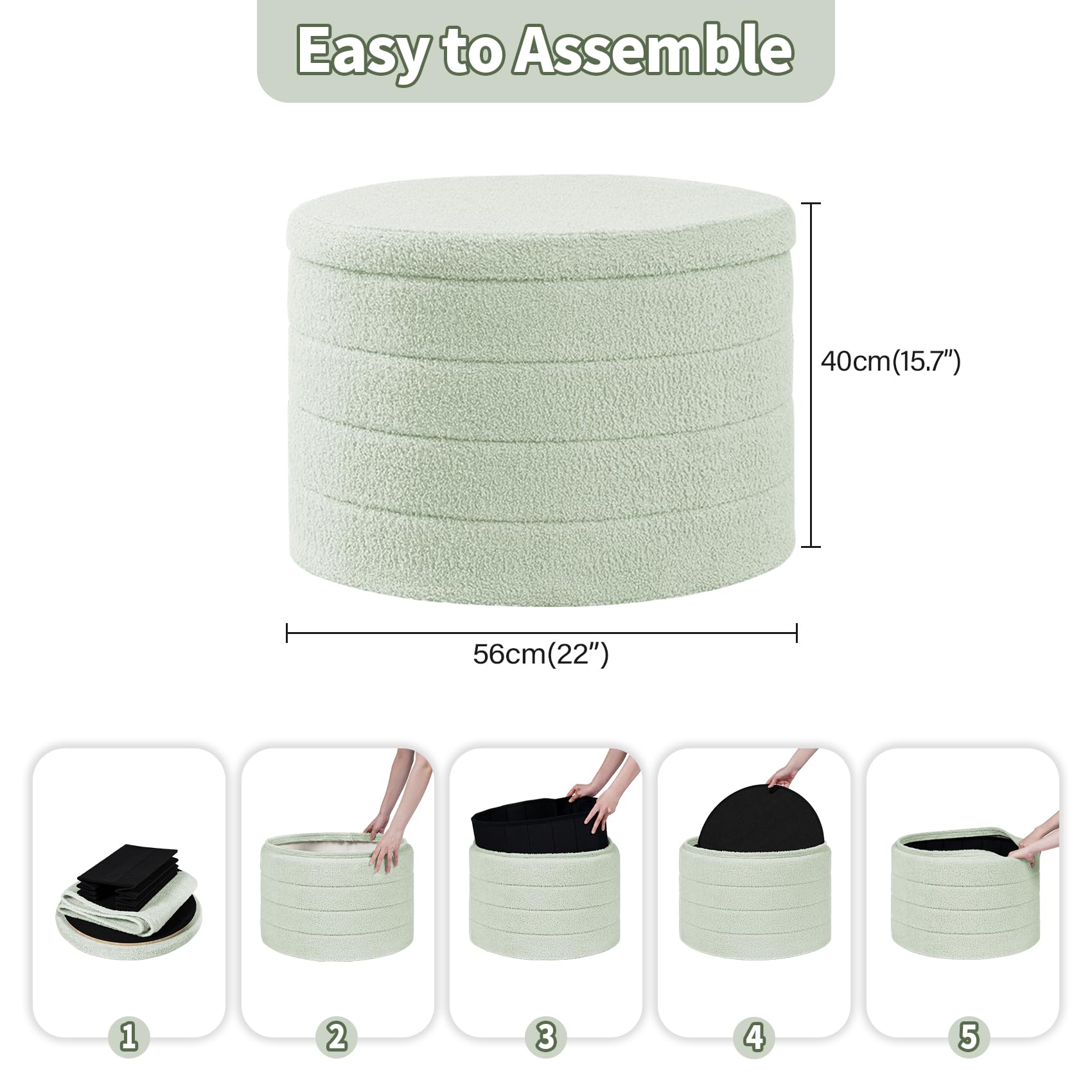 PINPLUS Round Storage Ottoman Foot Rest Stool with Tray Velvet Sherpa Folding Storage Ottoman,Boucle Foot Rest for Living Room, Bedroom, Dorm（Beige）