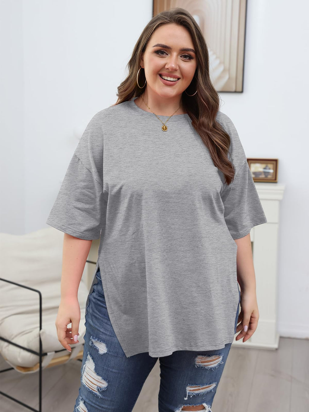 VNIRA Plus Size T Shirt for Women Oversized Cotton Short Sleeve Workout Top Loose Fit Side Split Casual Basic Tunic Top