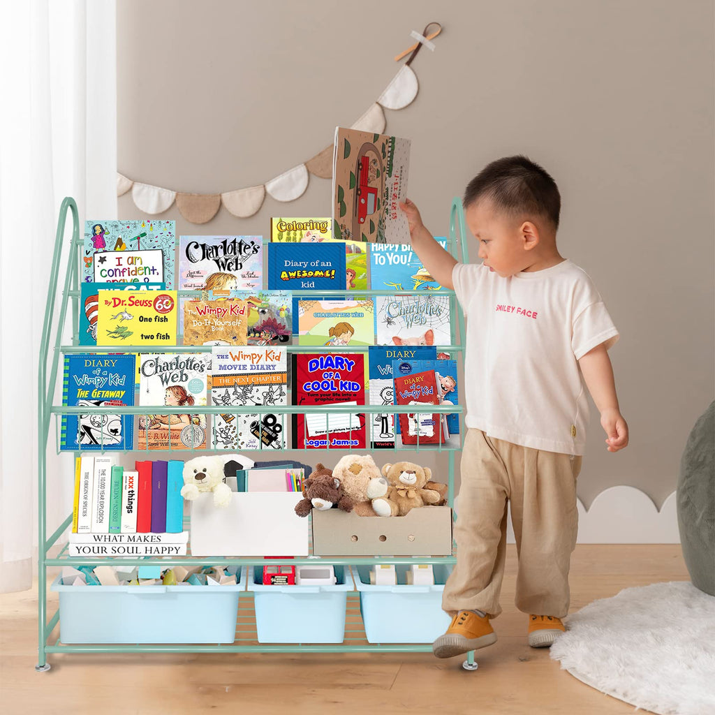 aboxoo Metal Kids Bookshelf Black Large Freestanding for Children Room 32 in Toy Organizer Large Stable Bookcase Bookstore Library Book Unit Storage Kids Bed Living Room