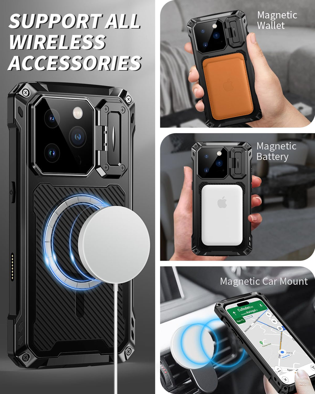 Lanhiem for iPhone 16 Metal Case with Camera Cover & Stand [Compatible with MagSafe] [Built-in Kickstand] [Military-Grade Protection] Heavy Duty Rugged Magnetic Phone Case, Black
