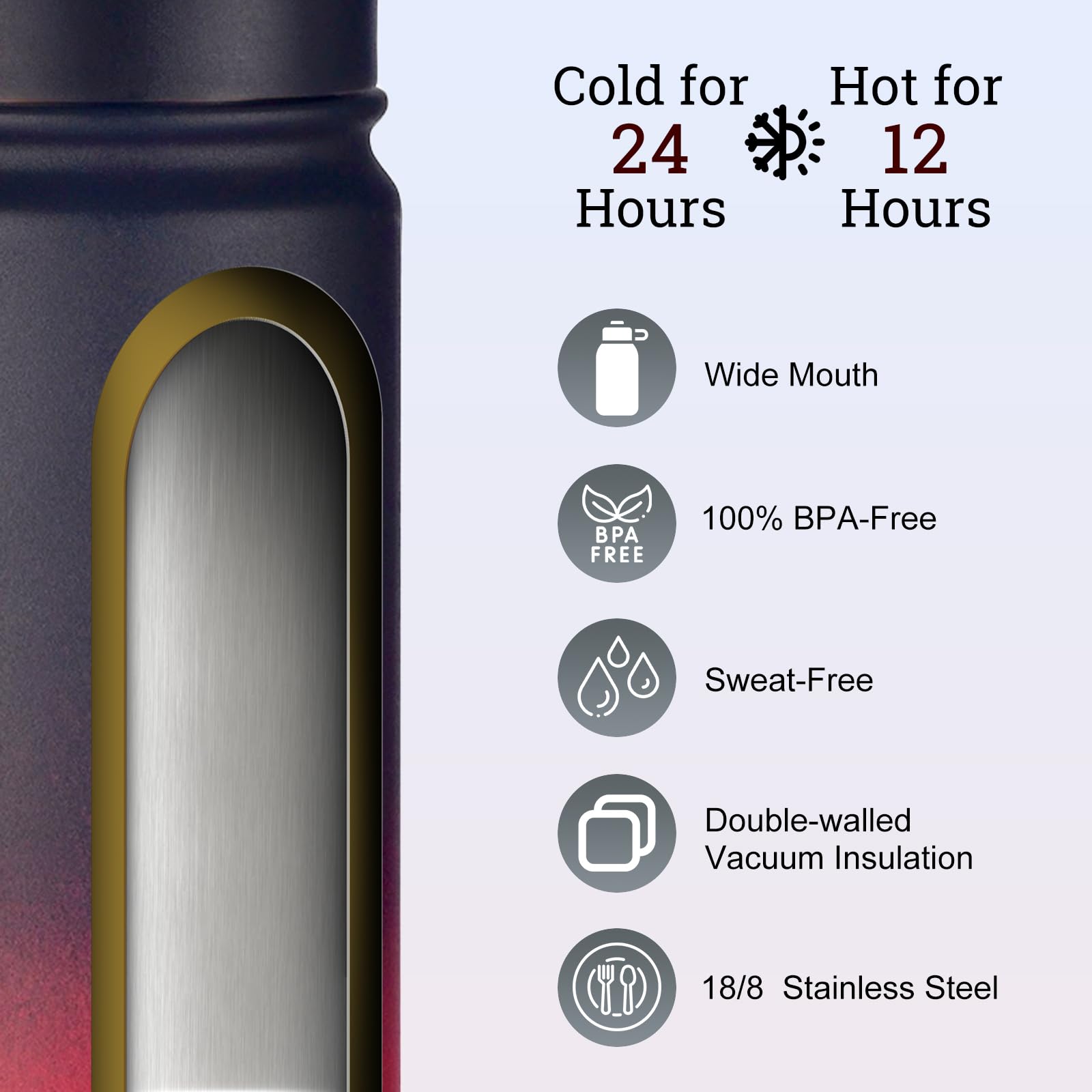 mininoo 24 oz Insulated Water Bottle with Straw Lid, Stainless Steel Double Wall Vacuum, Leak Proof, BPA Free, Keep Cold for 24H & Hot for 12H-2 pack(Black)