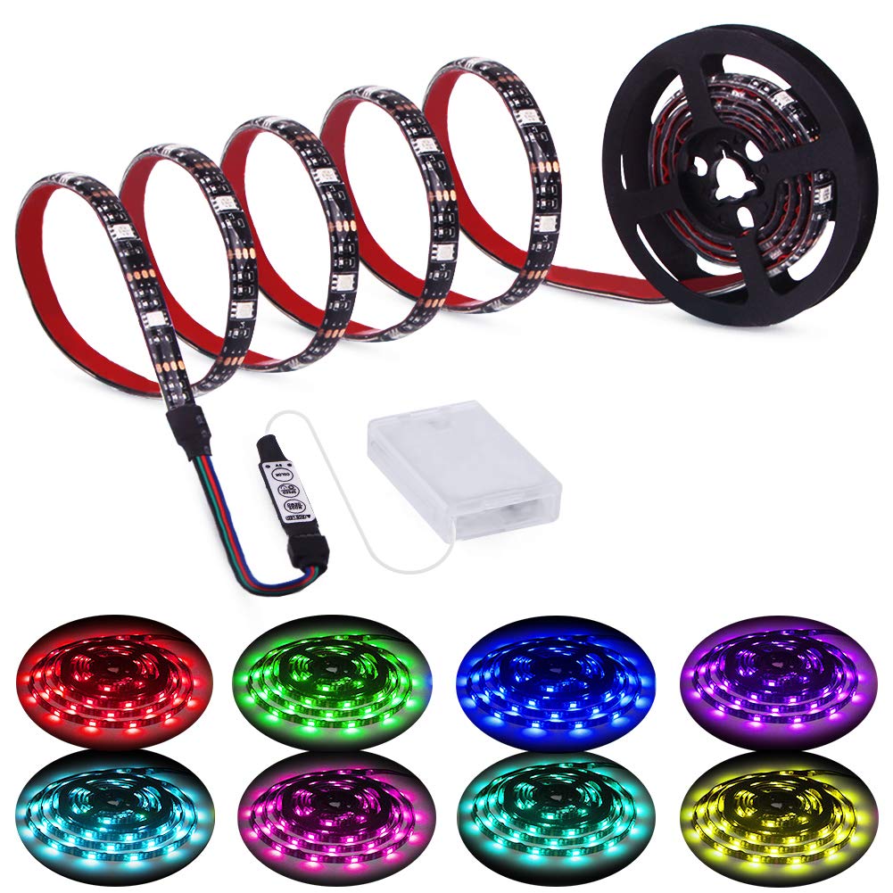 Battery Operated LED Strip Lights RGB Battery Powered Led Strip Lights 3 Keys Controller 13.2FT/4M Color Changing Flexible Light for PC TV Mirror Kitchen Cabinet Shelves, Room Decor 2Pcs