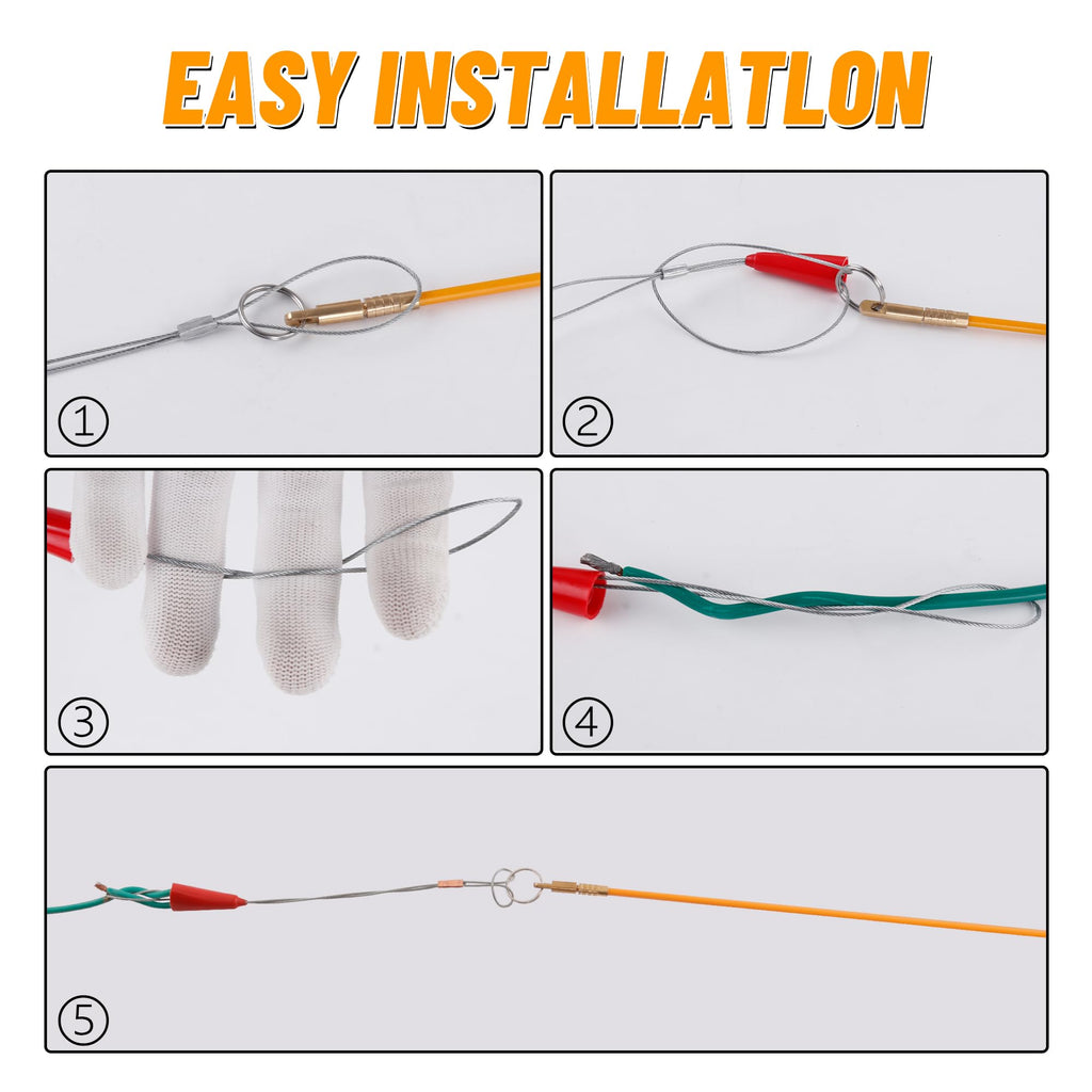KOOTANS 11FT Fiberglass Running Electrical Wire Cable Glow Rods Wire Pulling Tools Fish Tape Cable Puller Through Wall Snake Fish Rods Kit with Different Attachments
