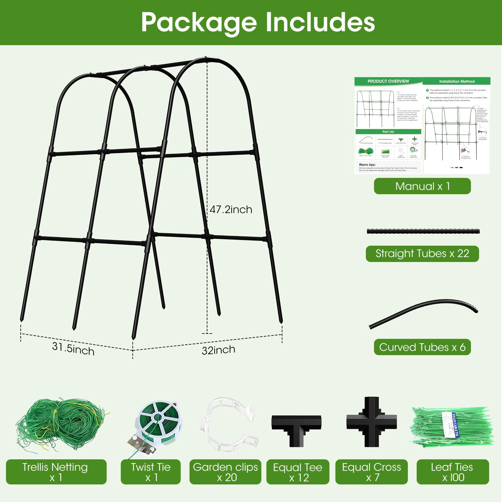 Cucumber Trellis for Raised Bed,U-Shape Garden Trellis for Climbing Plants Outdoor, Metal Arch Vegetables Trellis, Plant Support for Vine (Green, 31.5" Lx21.6 Wx47.2 H-Small)