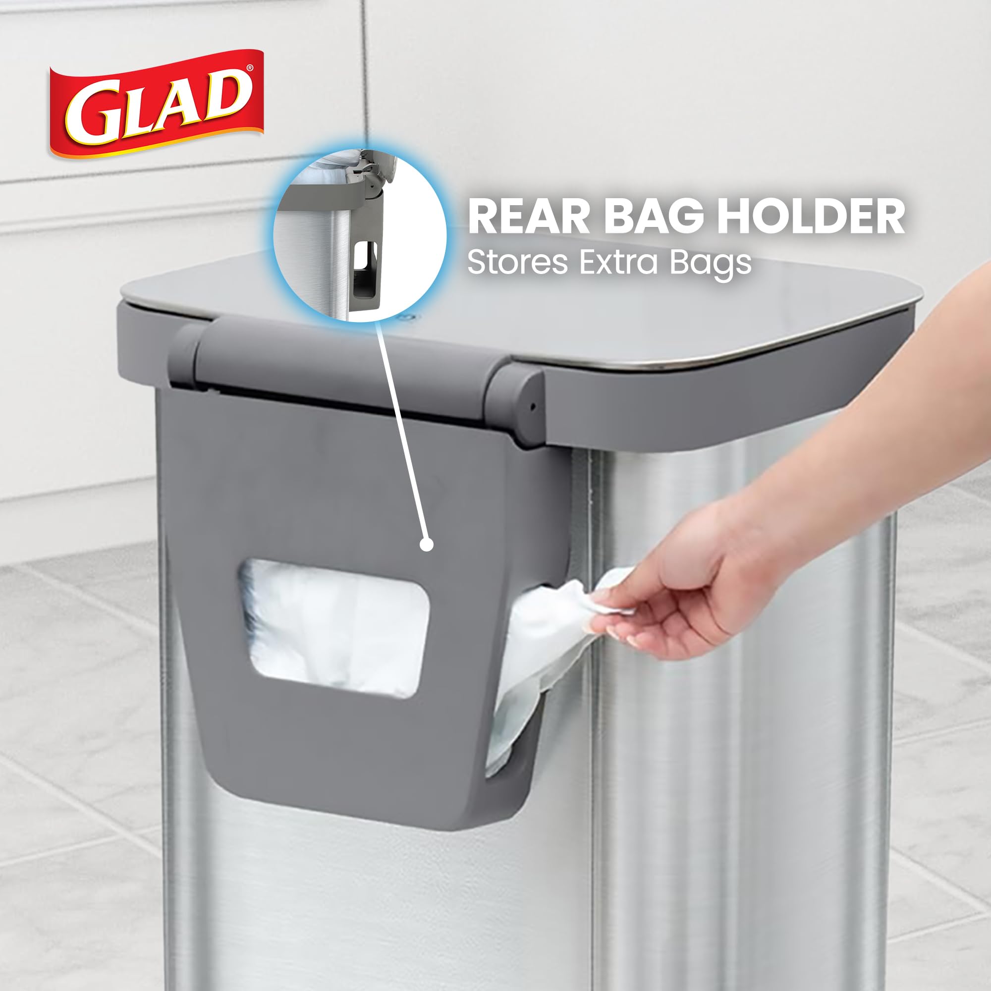 Glad 13 Gallon All Brushed Stainless Steel Trash Can with Clorox Odor Protection | Large Metal Kitchen Garbage Bin with Soft Close Lid, Garbage Bag Rings, Step On Foot Pedal and Waste Bag Roll Holder