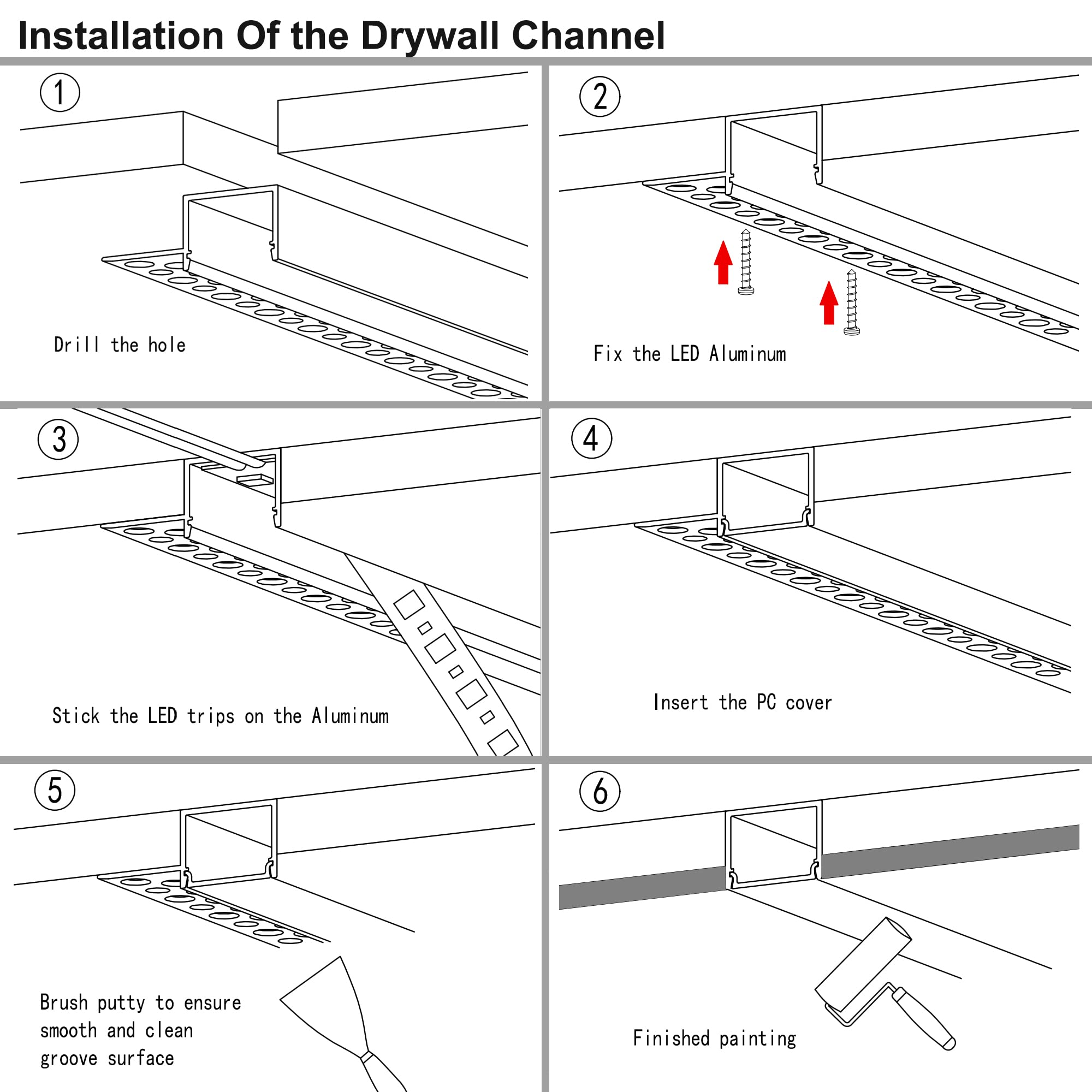 hunhun 10-Pack6.6ft/2Meter Drywall LED Aluminum Channel System with Milky Cover, End Caps and Mounting Clips, Aluminum Profile for LED Strip Light Installations (Single-Edge-6.6ft, 10)