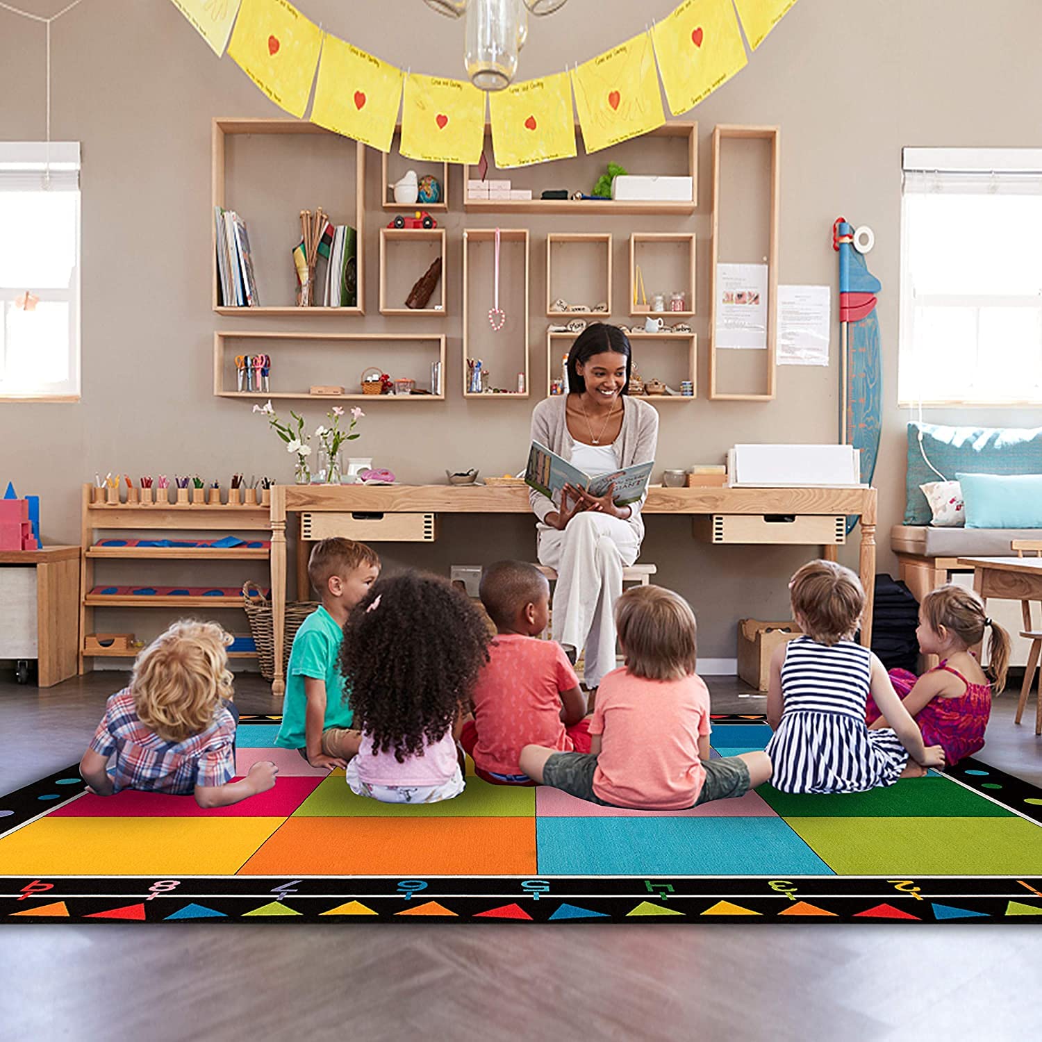 Booooom Jackson Classroom Rug Large Colorful Classroom Carpet with Non-Slip Backing, 9 x 12 ft Children's Classroom Seating Rug Elementary