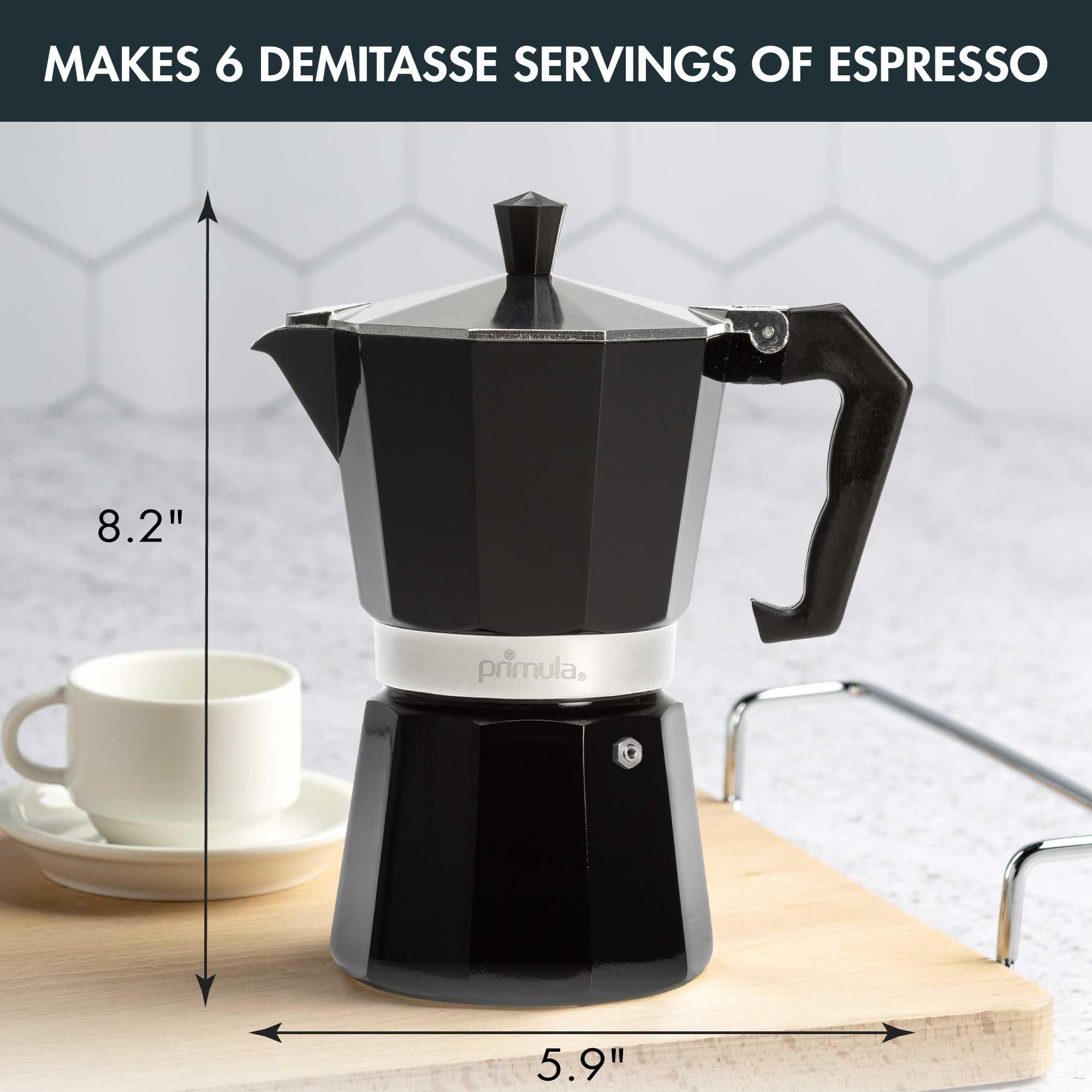 Primula Classic Moka Pot Stovetop Espresso and Coffee Maker, Italian and Cuban Cafetera for Rich Espresso Brewing, Durable Aluminum Greca Coffee Maker with Easy Grip Handle, 6-Cup, Black