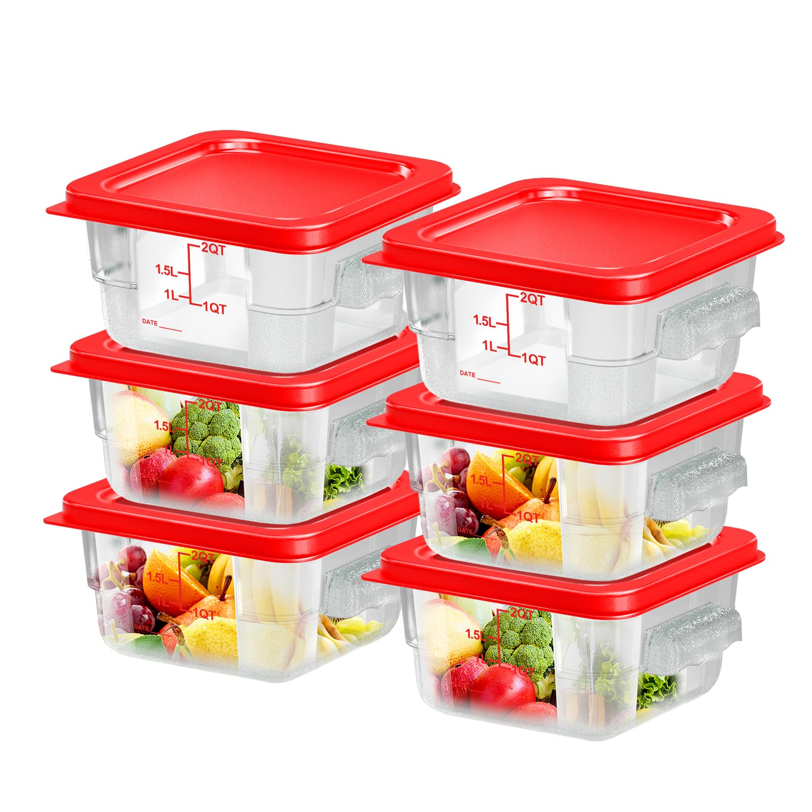 6 pcs 2qt Food Storage Containers with Lid, Square Clear Commercial Storage Containers with Handle and Scale for Food Storage in Home Kitchen & Dining (Green)