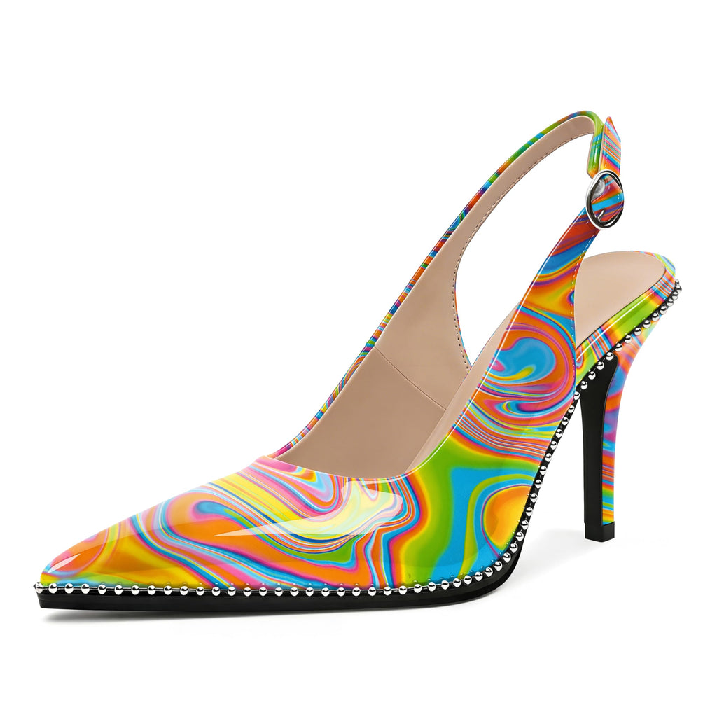 Zamikoo Women Beaded Pumps High Heel Slingback Pointed Toe Slip On 3.5 Inch Stilettos Ankle Strap Adjustable Buckle Patent Leather US Size 5 -Size 13